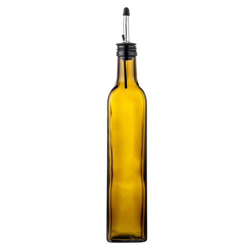 Chef 101 17 oz Amber Glass Olive Oil Dispenser - with Stainless Steel Pourers, Funnel Kit - 3 1/4" x 3 1/4" x 12 1/4" - 1 count box