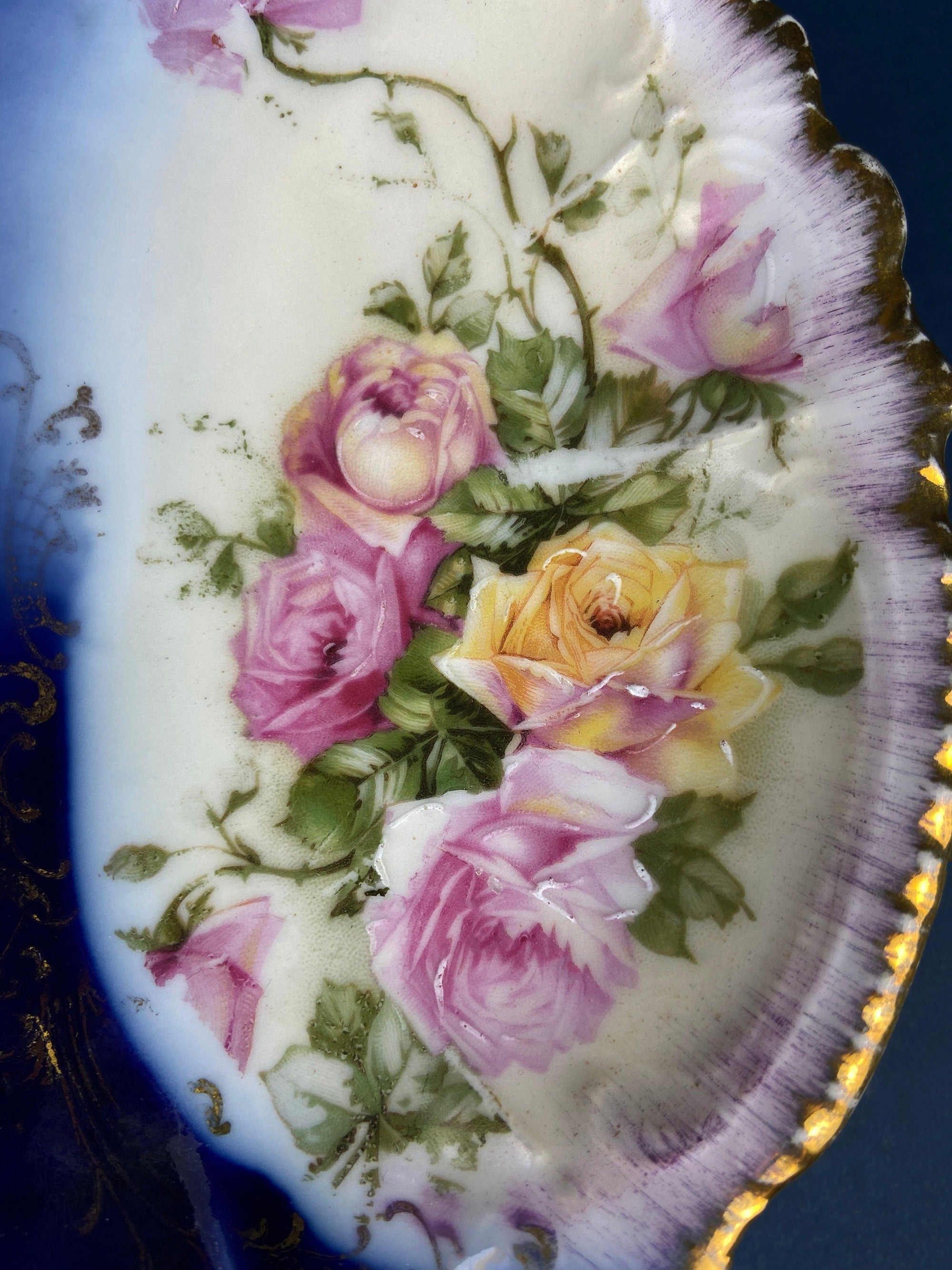 Cobalt Blue Plates with Hand-Painted Roses.  Set of Five Antique Royal Bavarian Dessert Serving Plates. Cottagecore. Housewares.