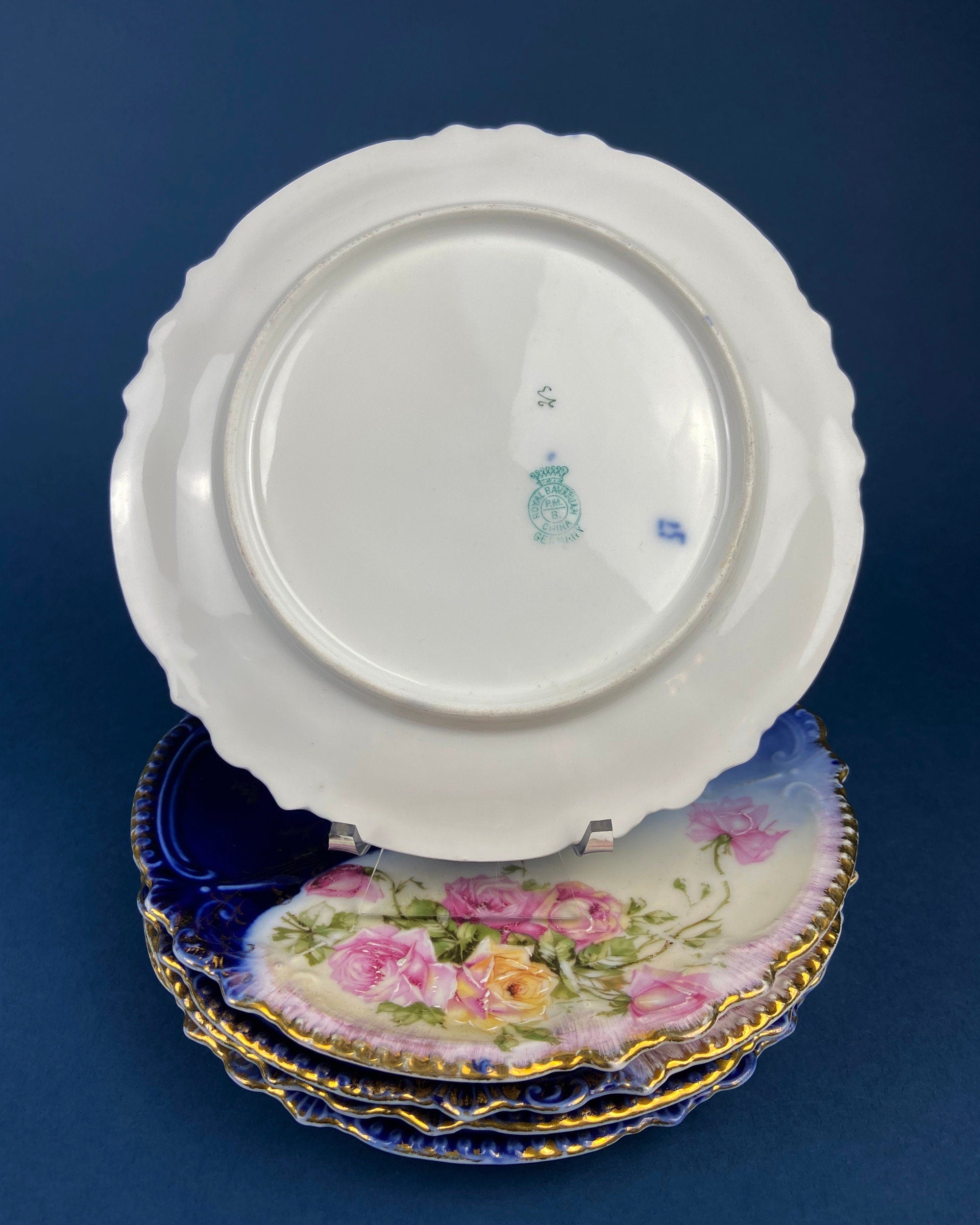 Cobalt Blue Plates with Hand-Painted Roses.  Set of Five Antique Royal Bavarian Dessert Serving Plates. Cottagecore. Housewares.