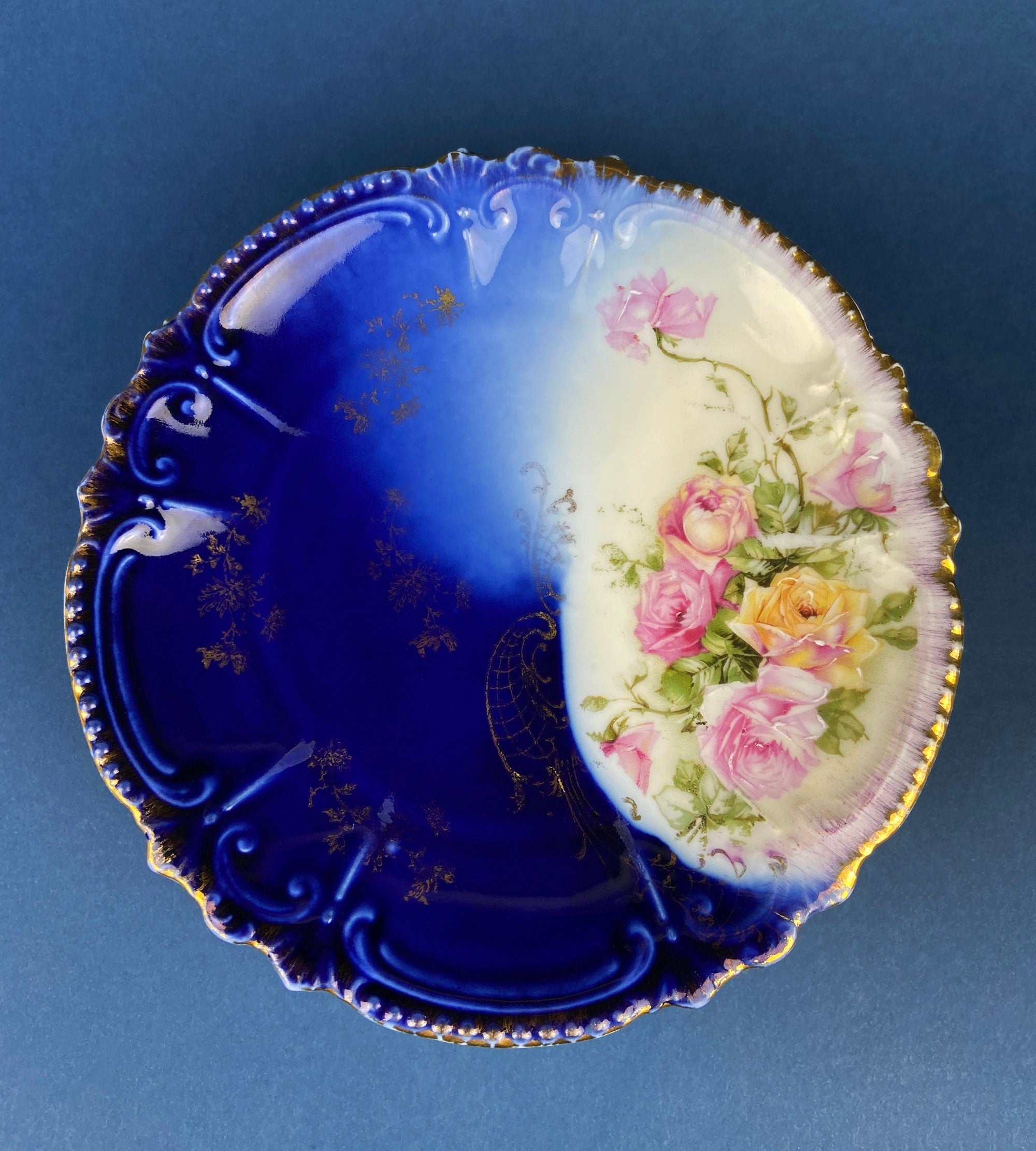 Cobalt Blue Plates with Hand-Painted Roses.  Set of Five Antique Royal Bavarian Dessert Serving Plates. Cottagecore. Housewares.